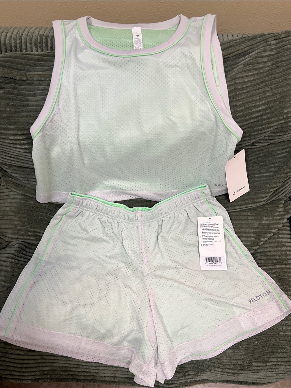 Lululemon Peloton Mint Green and Light Pink Mesh Athletic Tank & Shorts Set